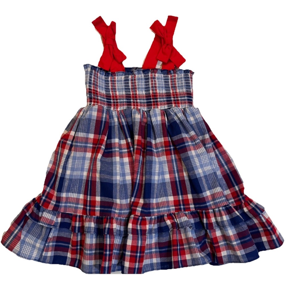 Goodlad Girls 3T Patriotic Plaid Smocked Dress Red White Blue NWT